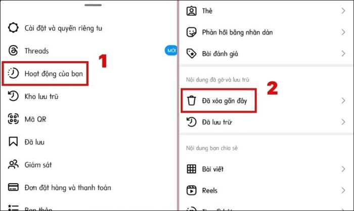 Nhấn vào Hoạt động của bạn và chọn Đã xoá gần đây