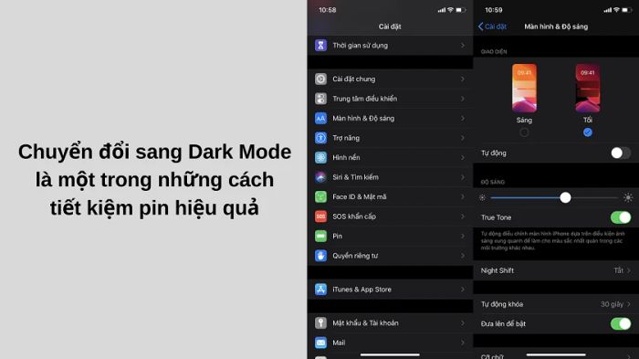 Sử dụng chế độ tối (Dark Mode) giúp tiết kiệm pin iPhone hiệu quả