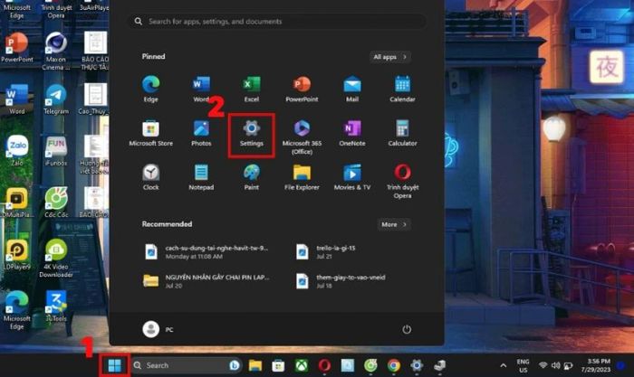 Chọn mục Settings trong giao diện Windows