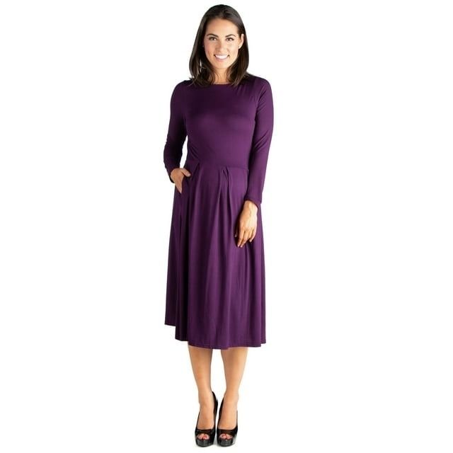 model showcasing a purple fit-and-flare dress