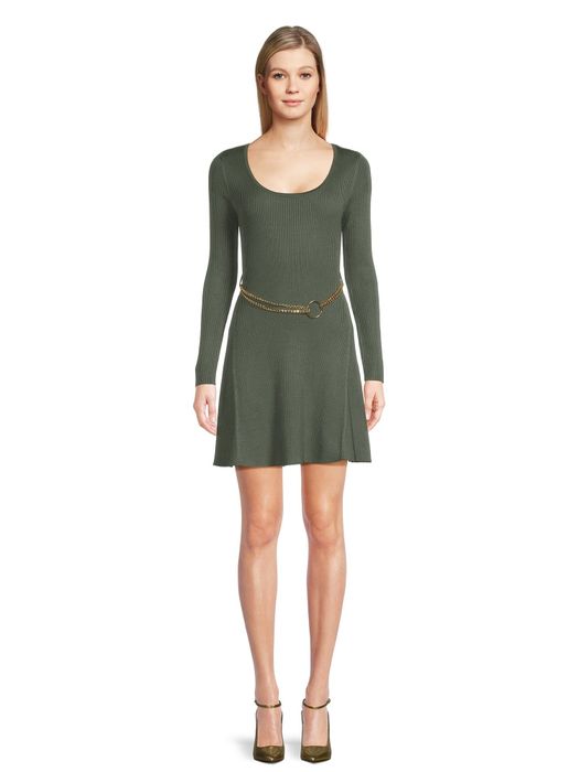 model showcasing an olive green dress accessorized with a gold chain belt