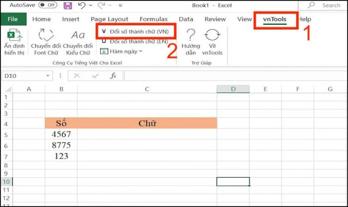 Chọn thẻ vnTools vừa thêm vào và nhấn chọn chức năng đổi số thành chữ
