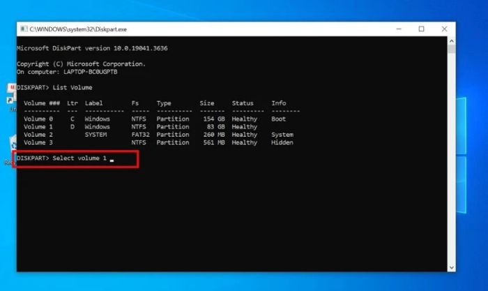 Để ẩn ổ đĩa cứng trên Windows 10 như ổ D, nhập lệnh Select volume 1 để chọn ổ