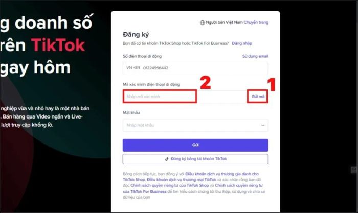 Nhập mã xác nhận được gửi từ TikTok Seller