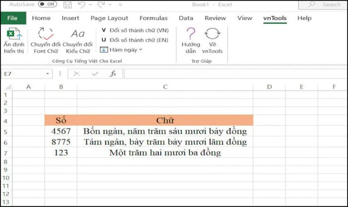 Kết quả của quá trình chuyển đổi từ số sang chữ trong Excel