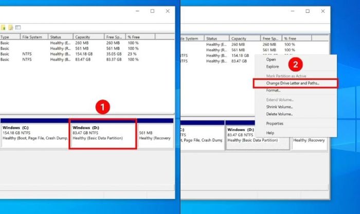 Xác định ổ đĩa cần ẩn, ví dụ ổ D. Sau đó, nhấn chuột phải vào ổ D và chọn Change Drive Letter and Paths…