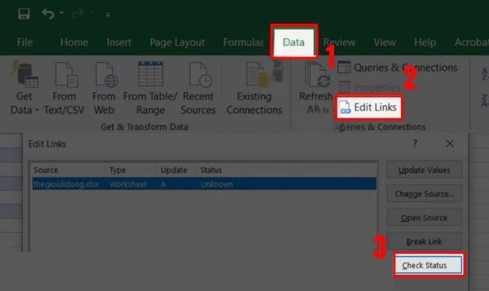 Mở tab Data, chọn mục Edit Links và nhấn Check Status