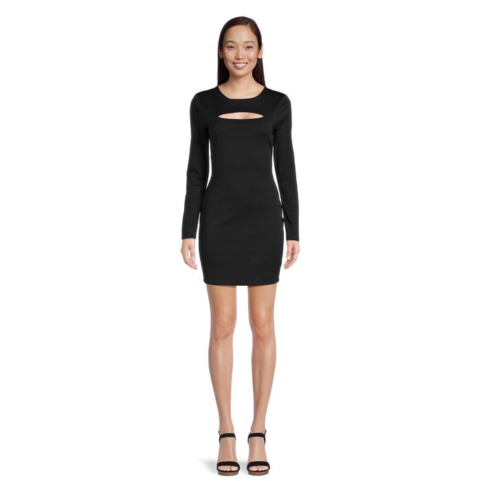 model wearing a black long sleeve dress with cut-out details