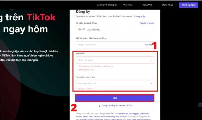 Thiết lập mật khẩu và nhấn nút Gửi