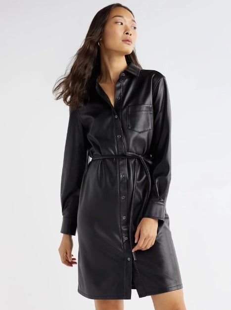 model showcasing a faux leather shirt dress