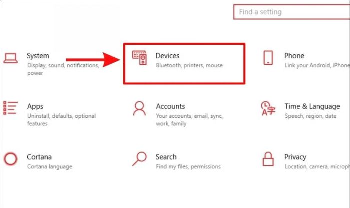 Tìm và chọn mục Devices trong Windows Settings