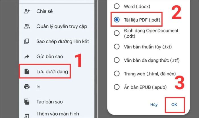 Nhấn vào Lưu dưới dạng, chọn định dạng Tài liệu PDF (.pdf) và nhấn OK.