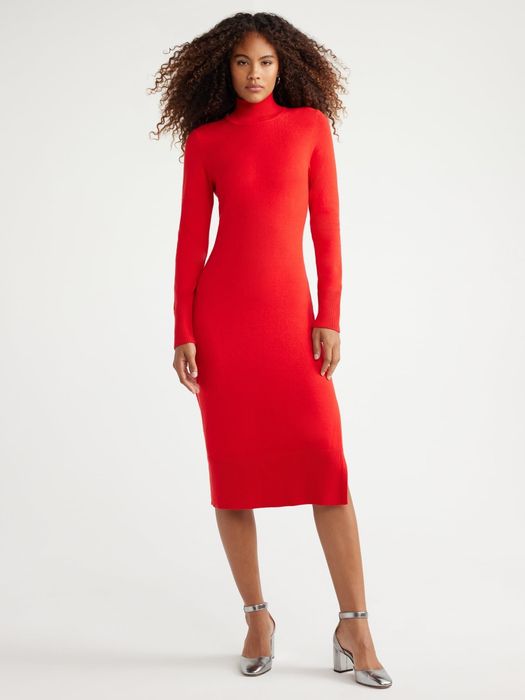model wearing a red dress paired with silver shoes