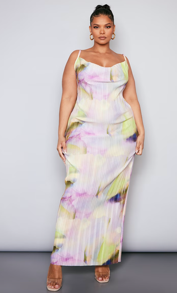 A model wearing a pastel-colored plisse maxi dress
