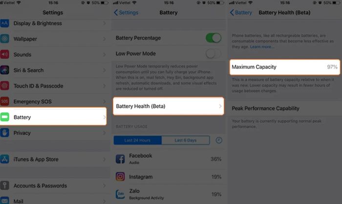 kiểm tra dung lượng pin iPhone thông qua tính năng Battery Health
