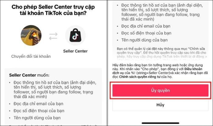 Xem xét kỹ các điều khoản và nhấn vào nút Uỷ quyền