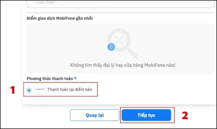 Chọn hình thức thanh toán tại cửa hàng và nhấn Tiếp tục để hoàn tất