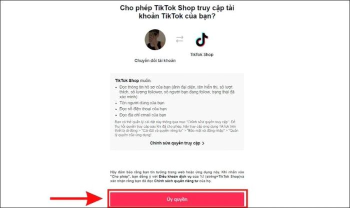 Nhấn vào Uỷ quyền để hoàn tất đăng ký TikTok Shop