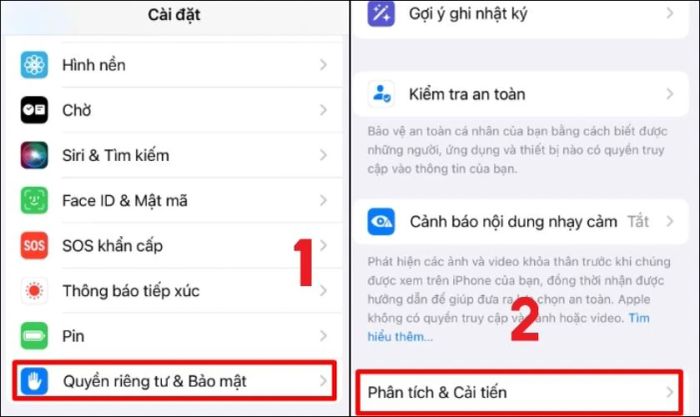 Mở ứng dụng Cài đặt, tìm và chọn mục Riêng tư & Bảo mật, sau đó nhấn vào Phân tích & Cải tiến.