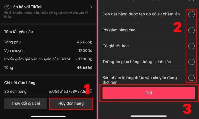 Các bước thực hiện hủy đơn hàng