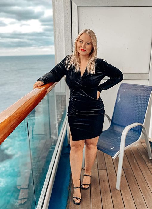 a reviewer wearing the black heels
