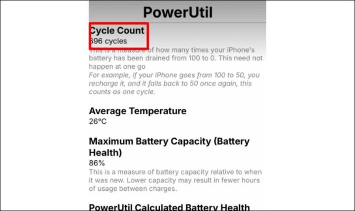 Khi PowerUtil hiển thị dữ liệu, bạn tìm đến mục Cycle Count để xem số chu kỳ sạc.