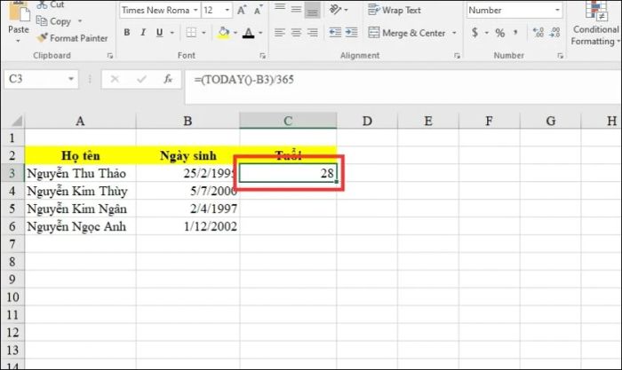 Kết quả tuổi sẽ được hiển thị tại ô đã nhập công thức.