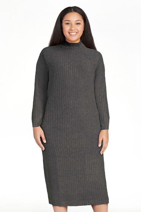 A model showcasing the grey dress