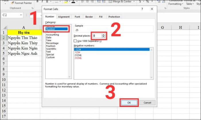 Tại phần Decimal places, nhập số 0 và nhấn OK.