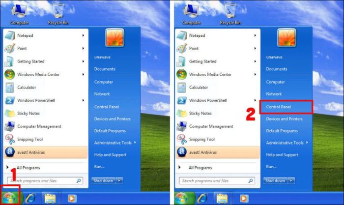 Tìm và mở Control Panel từ Start Menu