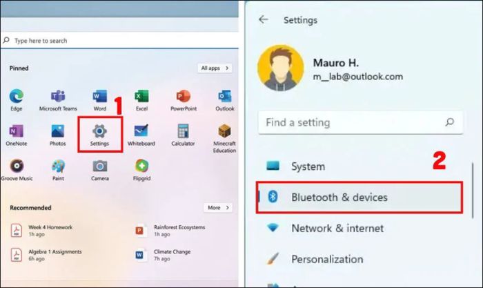 Nhấp vào Settings và tiếp tục chọn Bluetooth & Devices