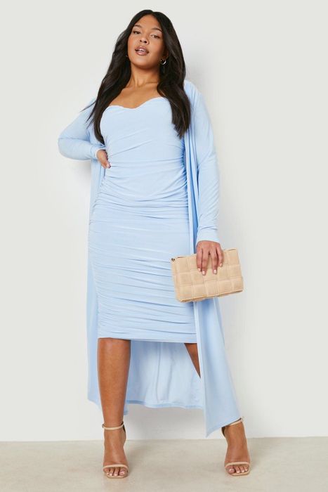 A model strikes a pose in the stylish baby blue set.