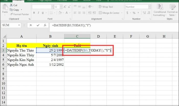 Tính tổng số tuổi dựa trên ngày bằng hàm DATEDIF