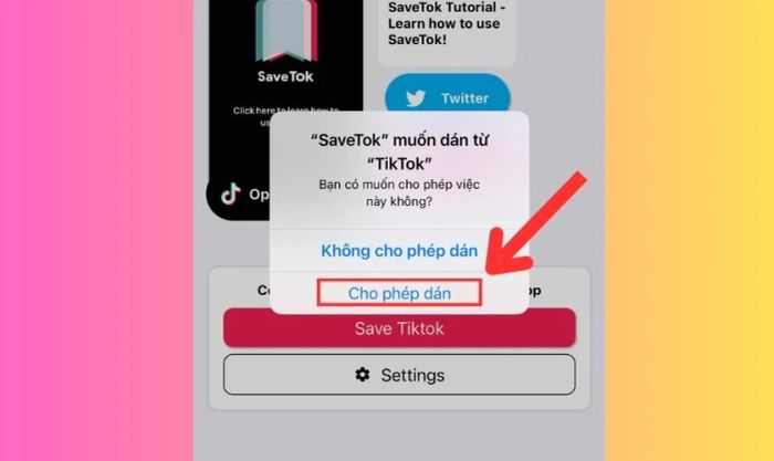 Nhấn Cho phép dán trên ứng dụng SaveTok