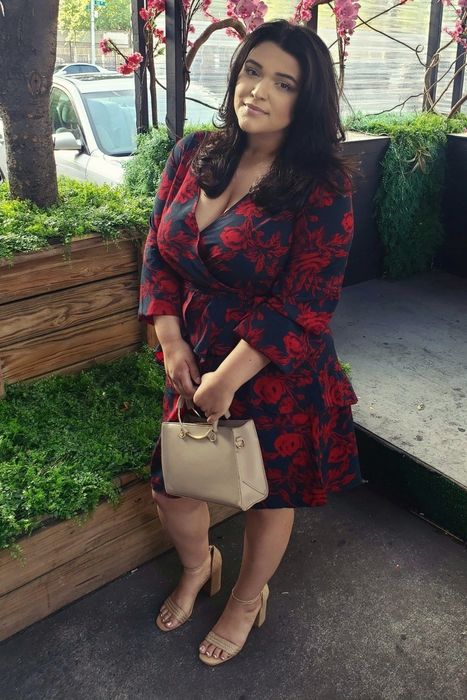A close-up customer review showing the detailed print on the dress