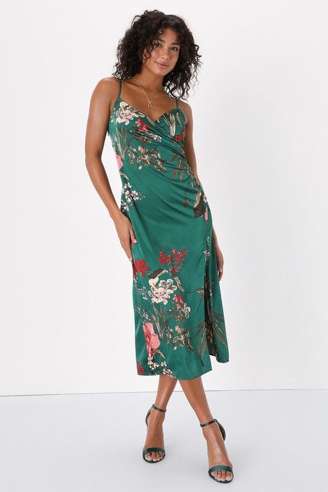 Model showcasing the green floral dress