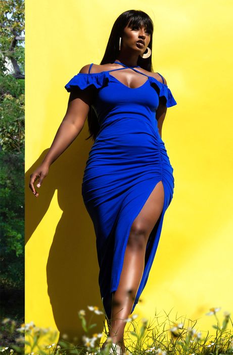 A full shot of the blue dress, showcasing its beauty from every angle