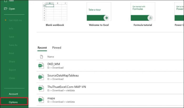 Khởi động Microsoft Excel và chọn mục Options