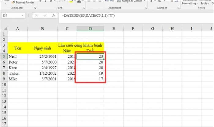 Cách tính tuổi trong Excel khi không có ngày tháng năm sinh cụ thể