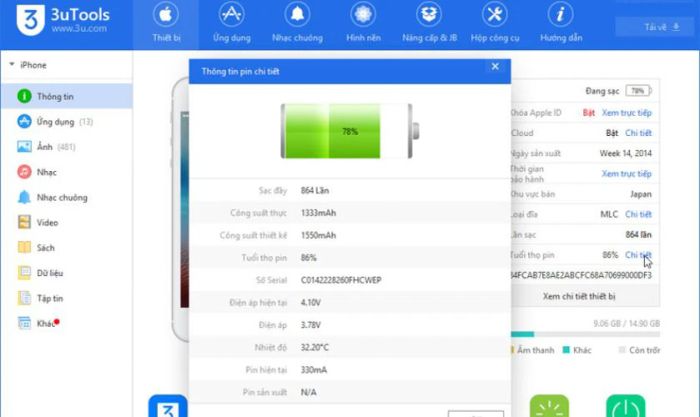 Kiểm tra chu kỳ sạc pin iPhone thông qua 3Utool