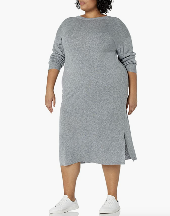 Model wearing a long-sleeve gray sweater midi dress