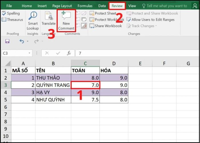 thêm bình luận sử dụng thanh ribbon