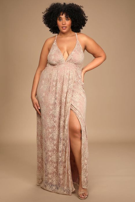 model wearing a stunning dusty pink lace maxi dress