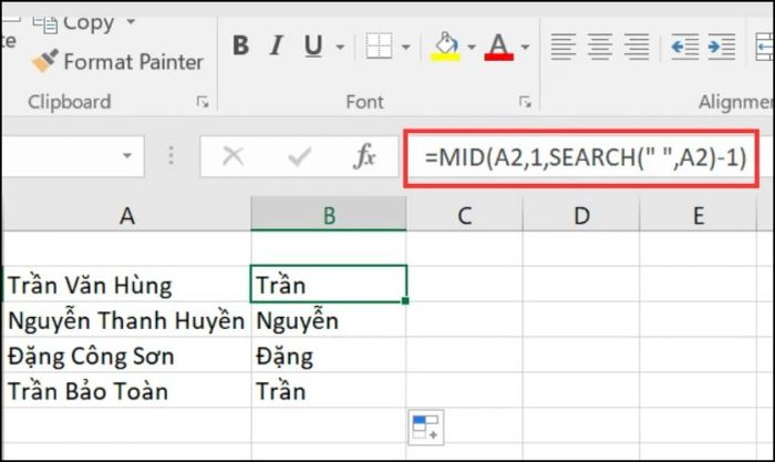 Cách áp dụng hàm MID để trích xuất họ