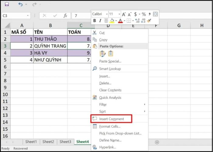 hướng dẫn thêm ghi chú trong excel