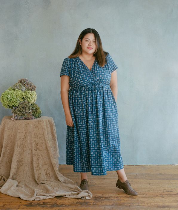 model wearing a blue cotton dress