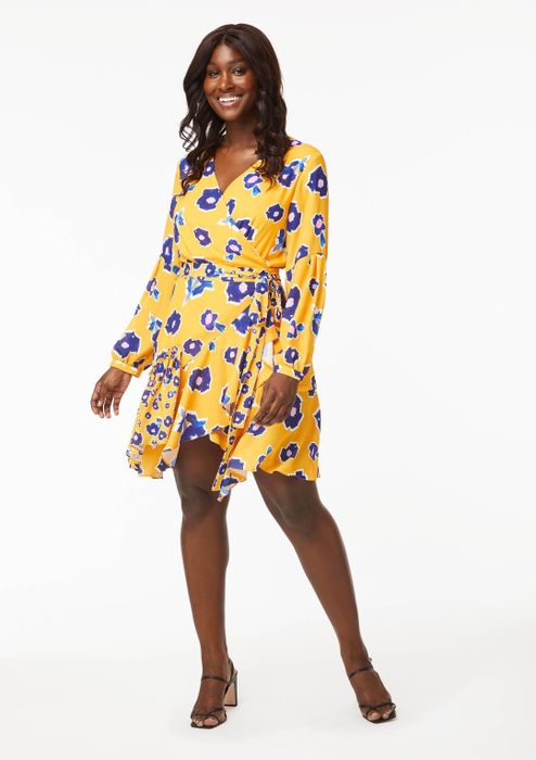 model wearing the long-sleeved V-neck dress
