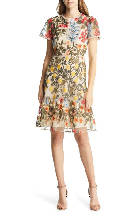 A model wears a short-sleeve, above-the-knee dress adorned with colorful floral embroidery, a sheer top layer, and a cream lining.