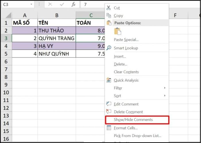phương pháp thêm ghi chú trong excel