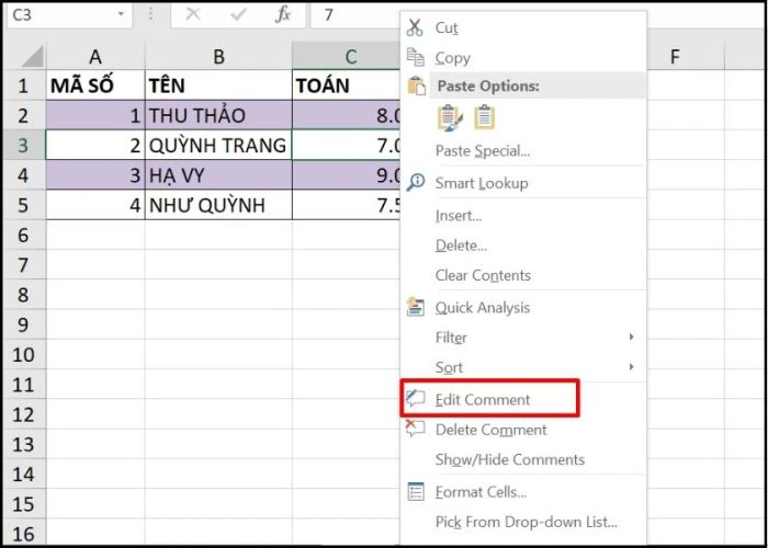 hướng dẫn thêm ghi chú trong excel